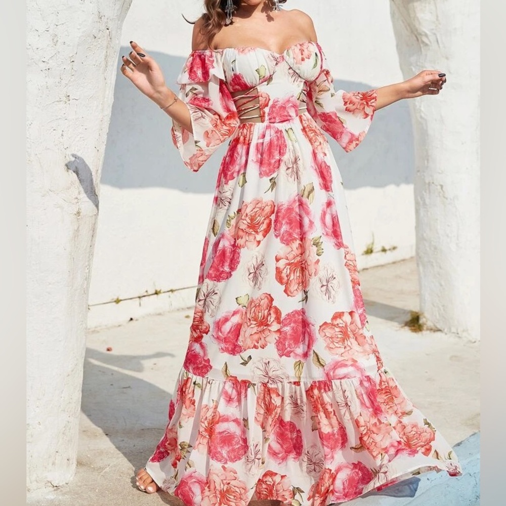 *NWOT* Giffniseti Floral Off The Shoulder Flounce Sleeve Cut Out Maxi Dress